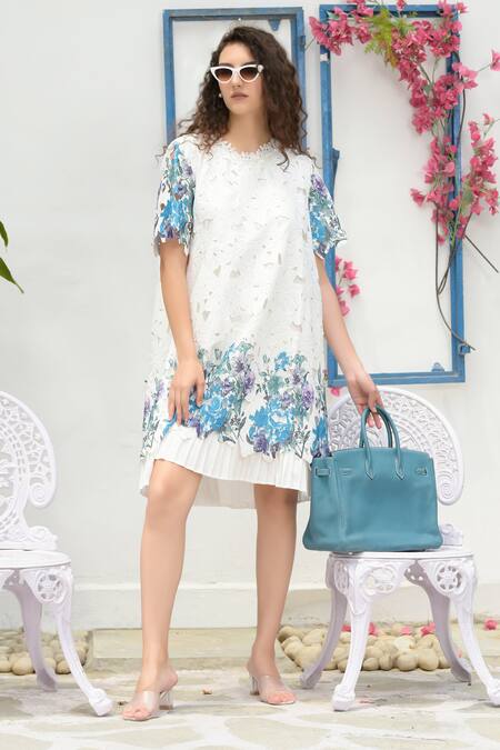 Tasuvure White Cotton, Lace Cut Work Round Neck Myra Mesh Iris Short Dress