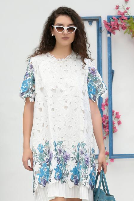 Buy_Tasuvure_White Cotton, Lace Cut Work Round Neck Myra Mesh Iris Short Dress_Online_at_Aza_Fashions