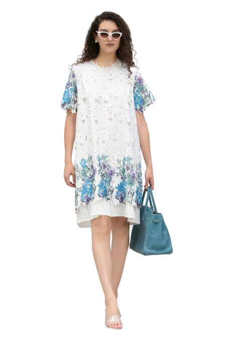 Shop_Tasuvure_White Cotton, Lace Cut Work Round Neck Myra Mesh Iris Short Dress_Online_at_Aza_Fashions