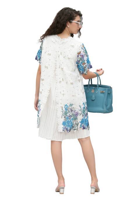 Tasuvure_White Cotton, Lace Cut Work Round Neck Myra Mesh Iris Short Dress_at_Aza_Fashions