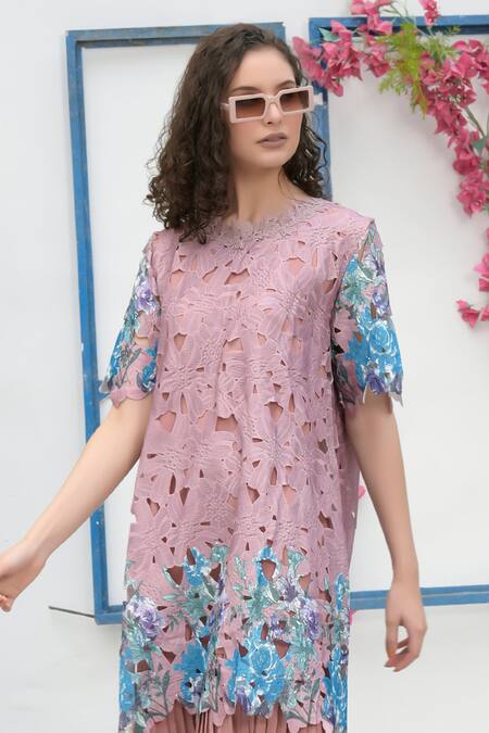 Tasuvure_Pink Cotton, Lace Embroidery Round Neck Myra Mesh Iris Blossom Short Dress_Online_at_Aza_Fashions