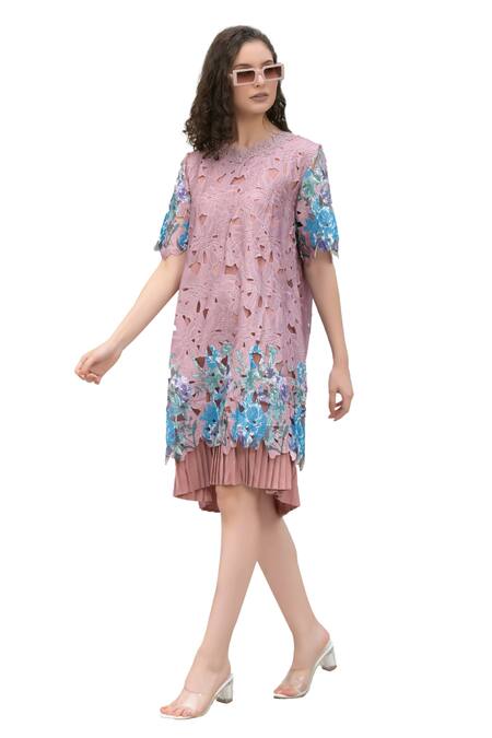 Buy_Tasuvure_Pink Cotton, Lace Embroidery Round Neck Myra Mesh Iris Blossom Short Dress_Online_at_Aza_Fashions