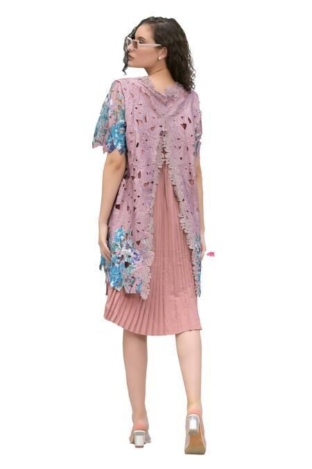 Shop_Tasuvure_Pink Cotton, Lace Embroidery Round Neck Myra Mesh Iris Blossom Short Dress_Online_at_Aza_Fashions