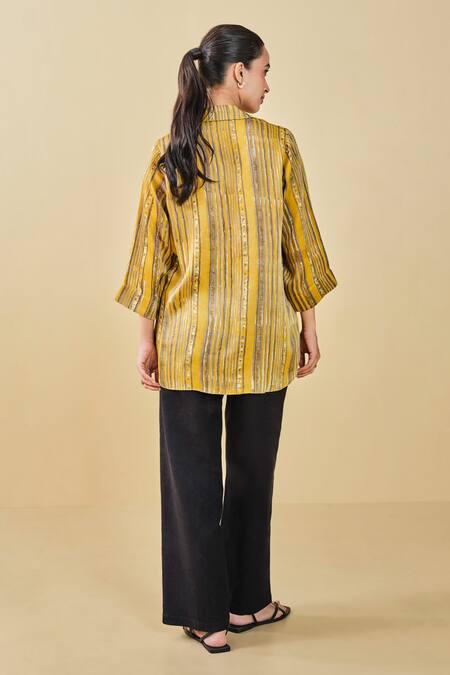 Shop Grassroot By Anita Dongre Yellow Modal, Satin Collared Hill Side Hand Block Printed Top at Aza Fashions Shop_Grassroot By Anita Dongre_Yellow Modal, Satin Collared Hill Side Hand Block Printed Top_at_Aza_Fashions
