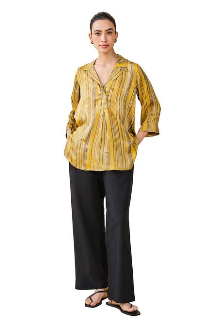 Grassroot By Anita Dongre Yellow Modal, Satin Collared Hill Side Hand Block Printed Top Online at Aza Fashions Grassroot By Anita Dongre_Yellow Modal, Satin Collared Hill Side Hand Block Printed Top_Online_at_Aza_Fashions