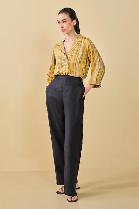 Buy Grassroot By Anita Dongre Yellow Modal, Satin Collared Hill Side Hand Block Printed Top Online at Aza Fashions Buy_Grassroot By Anita Dongre_Yellow Modal, Satin Collared Hill Side Hand Block Printed Top_Online_at_Aza_Fashions