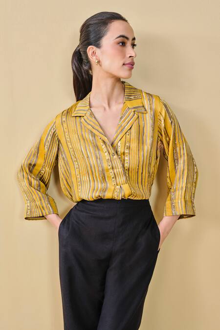 Grassroot By Anita Dongre Yellow Modal, Satin Collared Hill Side Hand Block Printed Top at Aza Fashions Grassroot By Anita Dongre_Yellow Modal, Satin Collared Hill Side Hand Block Printed Top_at_Aza_Fashions