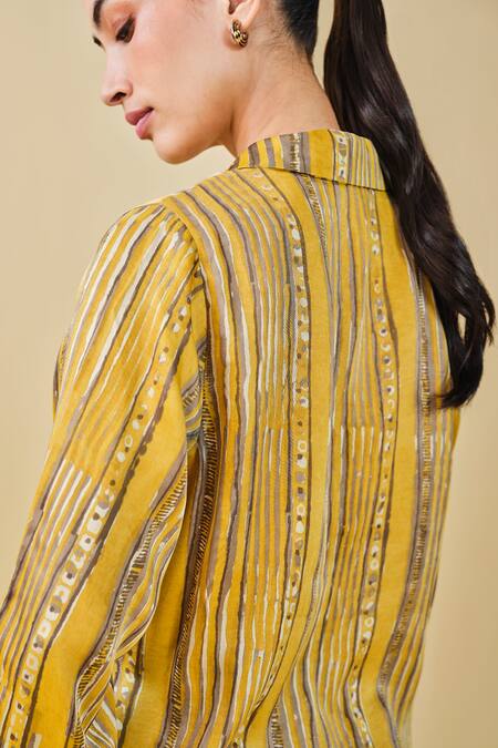 Buy Grassroot By Anita Dongre Yellow Modal, Satin Collared Hill Side Hand Block Printed Top Buy_Grassroot By Anita Dongre_Yellow Modal, Satin Collared Hill Side Hand Block Printed Top