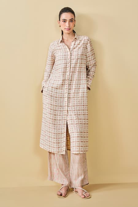 Grassroot By Anita Dongre Beige Bamberg Linen Hand Block Printed Geometric Wilderness Kurta And Pant Set 