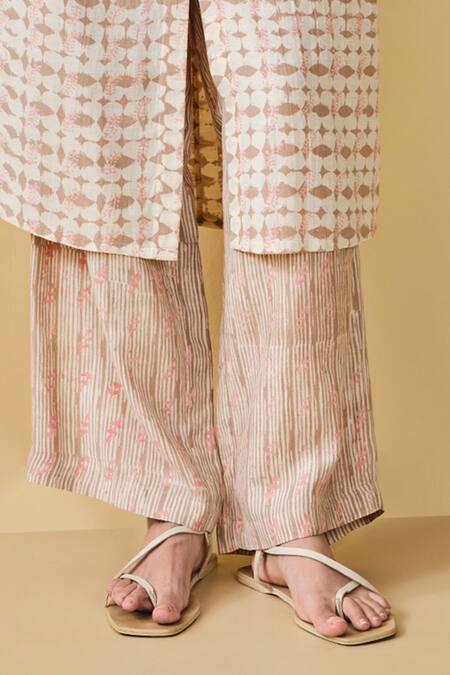 Grassroot By Anita Dongre_Beige Bamboo, Linen Wilderness Geometric Hand Block Print Kurta And Pant Set_Online_at_Aza_Fashions