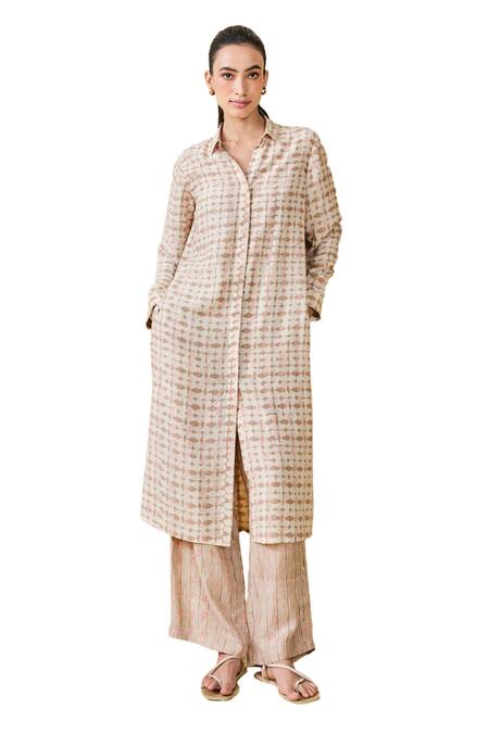 Buy_Grassroot By Anita Dongre_Beige Bamboo, Linen Wilderness Geometric Hand Block Print Kurta And Pant Set_Online_at_Aza_Fashions