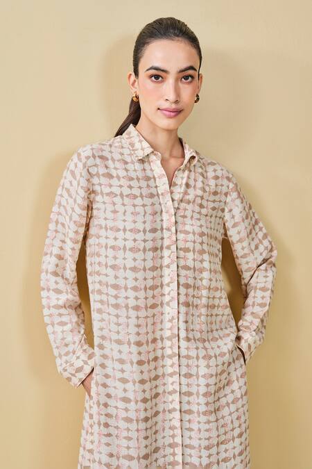 Buy_Grassroot By Anita Dongre_Beige Bamboo, Linen Wilderness Geometric Hand Block Print Kurta And Pant Set