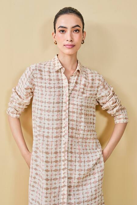 Shop_Grassroot By Anita Dongre_Beige Bamboo, Linen Wilderness Geometric Hand Block Print Kurta And Pant Set