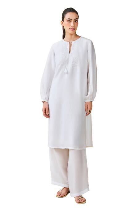 Buy_Grassroot By Anita Dongre_White Bamboo, Linen Embroidery Keyhole Neck Cloud Sky Hand Kurta And Pant Set _Online_at_Aza_Fashions