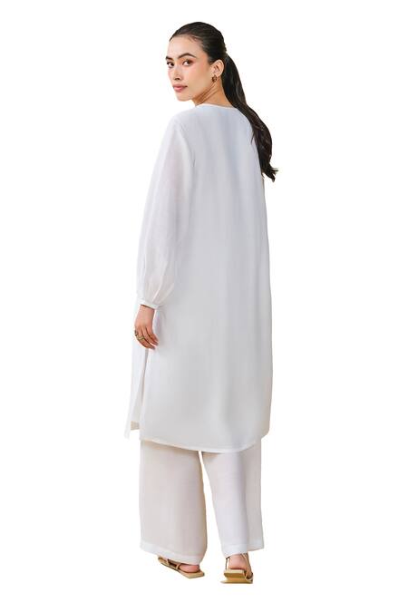 Shop_Grassroot By Anita Dongre_White Bamboo, Linen Embroidery Keyhole Neck Cloud Sky Hand Kurta And Pant Set _Online_at_Aza_Fashions
