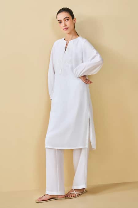 Grassroot By Anita Dongre_White Bamboo, Linen Embroidery Keyhole Neck Cloud Sky Hand Kurta And Pant Set _at_Aza_Fashions