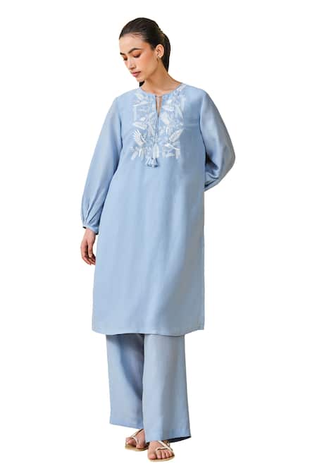 Buy_Grassroot By Anita Dongre_Blue Bamboo, Linen Embroidery Keyhole Neck Cloud Sky Kurta And Pant Set _Online_at_Aza_Fashions