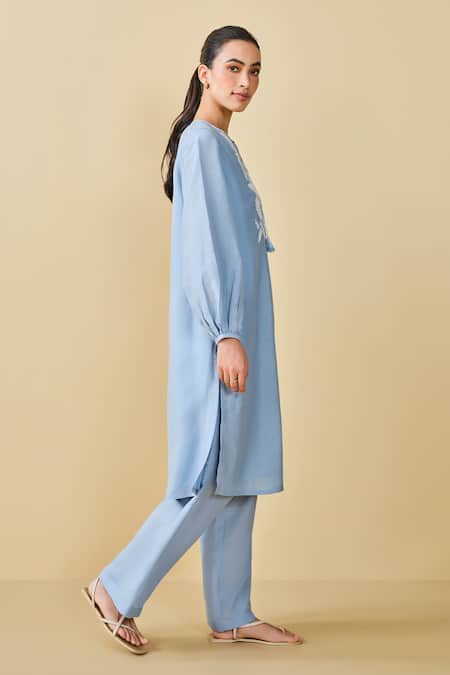 Shop_Grassroot By Anita Dongre_Blue Bamboo, Linen Embroidery Keyhole Neck Cloud Sky Kurta And Pant Set _Online_at_Aza_Fashions