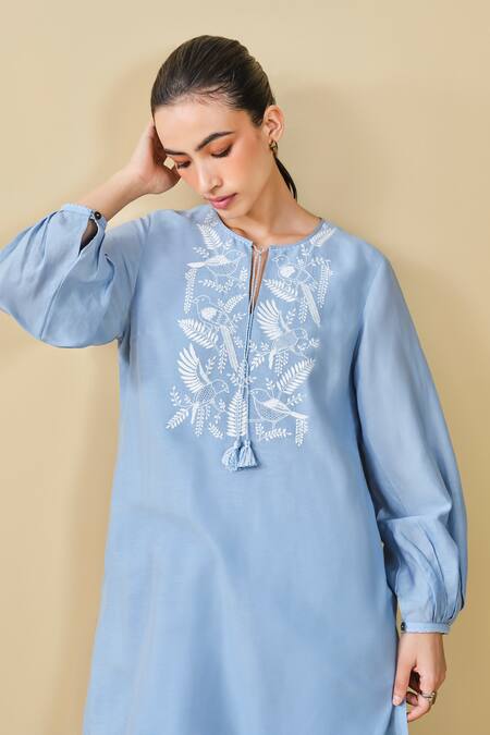 Buy_Grassroot By Anita Dongre_Blue Bamboo, Linen Embroidery Keyhole Neck Cloud Sky Kurta And Pant Set 