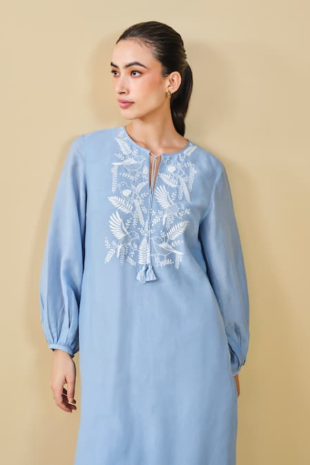 Shop_Grassroot By Anita Dongre_Blue Bamboo, Linen Embroidery Keyhole Neck Cloud Sky Kurta And Pant Set 