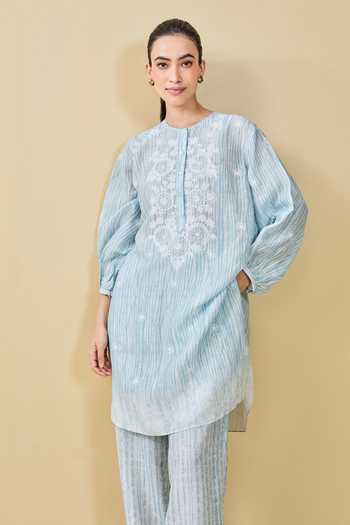 Buy Grassroot By Anita Dongre Blue Bamboo, Linen Embroidery Round From The Mountain Hand Kurta And Pant Set Buy_Grassroot By Anita Dongre_Blue Bamboo, Linen Embroidery Round From The Mountain Hand Kurta And Pant Set