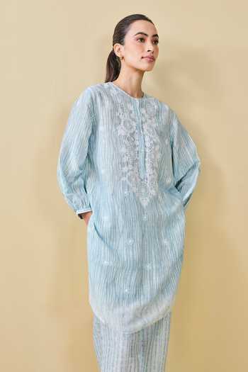 Shop Grassroot By Anita Dongre Blue Bamboo, Linen Embroidery Round From The Mountain Hand Kurta And Pant Set Shop_Grassroot By Anita Dongre_Blue Bamboo, Linen Embroidery Round From The Mountain Hand Kurta And Pant Set