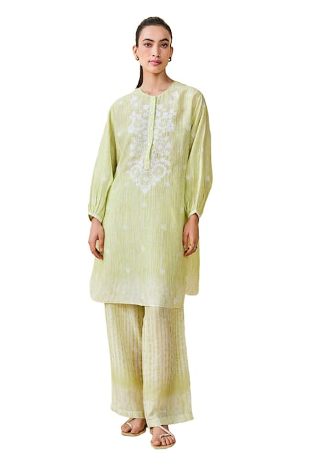 Buy_Grassroot By Anita Dongre_Green Bamboo Embroidery Round Neck From The Mountain Printed Kurta And Pant Set_Online_at_Aza_Fashions