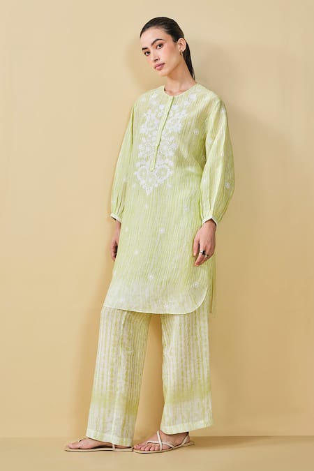 Shop_Grassroot By Anita Dongre_Green Bamboo Embroidery Round Neck From The Mountain Printed Kurta And Pant Set_Online_at_Aza_Fashions