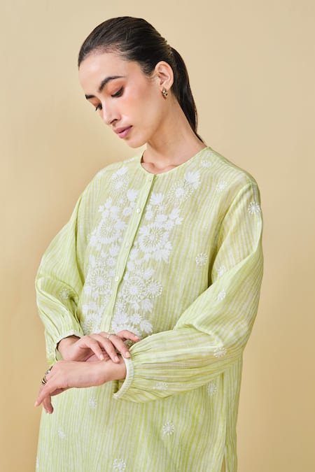 Buy_Grassroot By Anita Dongre_Green Bamboo Embroidery Round Neck From The Mountain Printed Kurta And Pant Set
