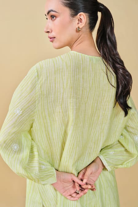 Shop_Grassroot By Anita Dongre_Green Bamboo Embroidery Round Neck From The Mountain Printed Kurta And Pant Set