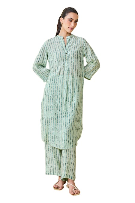 Grassroot By Anita Dongre_Blue Modal, Silk Embroidery Mandarin Grove Hand Block Print Kurta And Pant Set _Online_at_Aza_Fashions