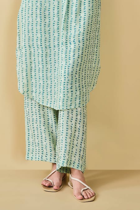 Buy_Grassroot By Anita Dongre_Blue Modal, Silk Embroidery Mandarin Grove Hand Block Print Kurta And Pant Set _Online_at_Aza_Fashions