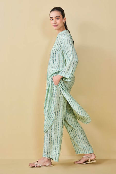 Shop_Grassroot By Anita Dongre_Blue Modal, Silk Embroidery Mandarin Grove Hand Block Print Kurta And Pant Set _Online_at_Aza_Fashions
