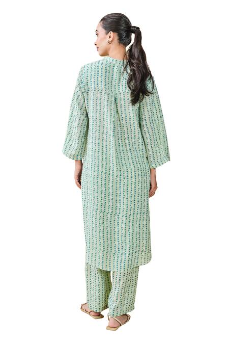 Grassroot By Anita Dongre_Blue Modal, Silk Embroidery Mandarin Grove Hand Block Print Kurta And Pant Set _at_Aza_Fashions