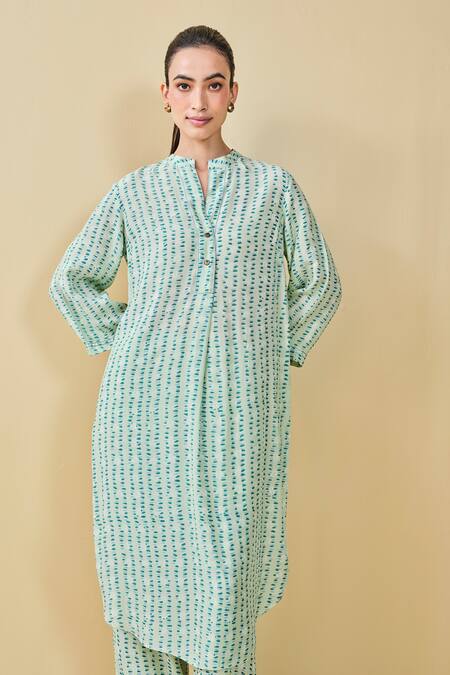 Buy_Grassroot By Anita Dongre_Blue Modal, Silk Embroidery Mandarin Grove Hand Block Print Kurta And Pant Set 