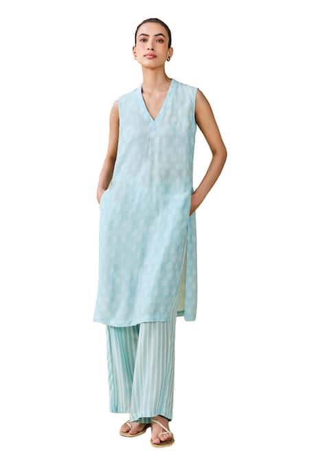 Grassroot By Anita Dongre_Blue Modal, Silk Embroidery V-neck Sunshade Hand Block Printed Kurta And Pant Set_Online_at_Aza_Fashions