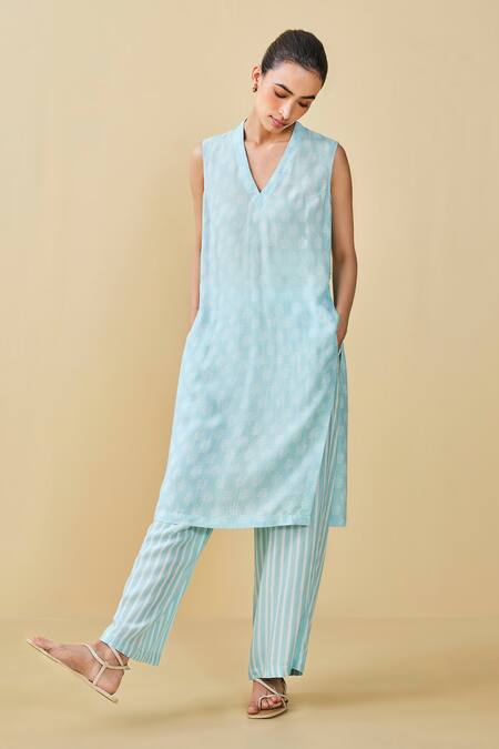 Buy_Grassroot By Anita Dongre_Blue Modal, Silk Embroidery V-neck Sunshade Hand Block Printed Kurta And Pant Set_Online_at_Aza_Fashions
