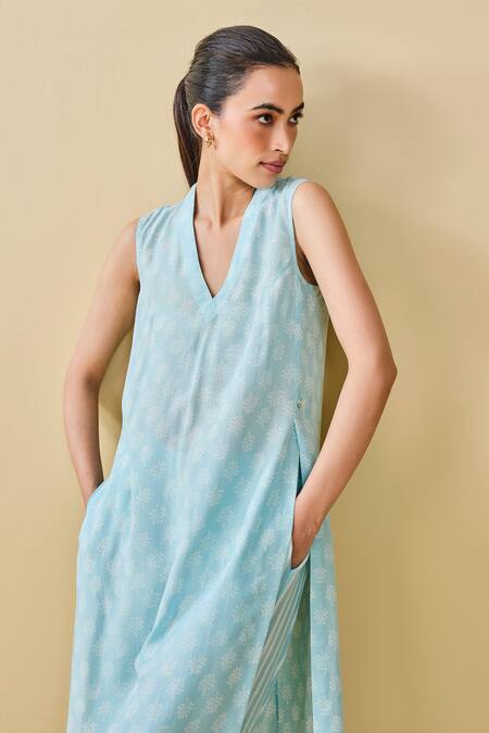 Grassroot By Anita Dongre_Blue Modal, Silk Embroidery V-neck Sunshade Hand Block Printed Kurta And Pant Set_at_Aza_Fashions