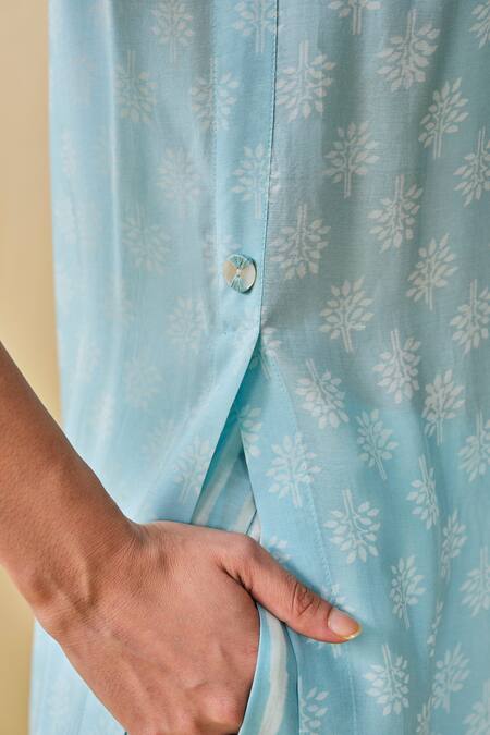 Buy_Grassroot By Anita Dongre_Blue Modal, Silk Embroidery V-neck Sunshade Hand Block Printed Kurta And Pant Set