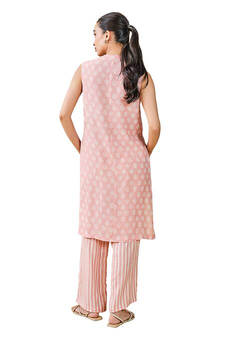 Grassroot By Anita Dongre_Peach Modal, Silk V-neck Sunshade Floral Hand Block Print Kurta And Pant Set_Online_at_Aza_Fashions