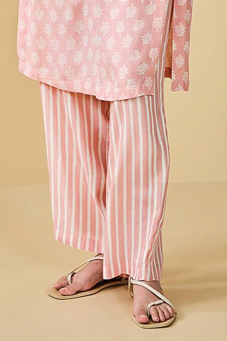 Shop_Grassroot By Anita Dongre_Peach Modal, Silk V-neck Sunshade Floral Hand Block Print Kurta And Pant Set_Online_at_Aza_Fashions