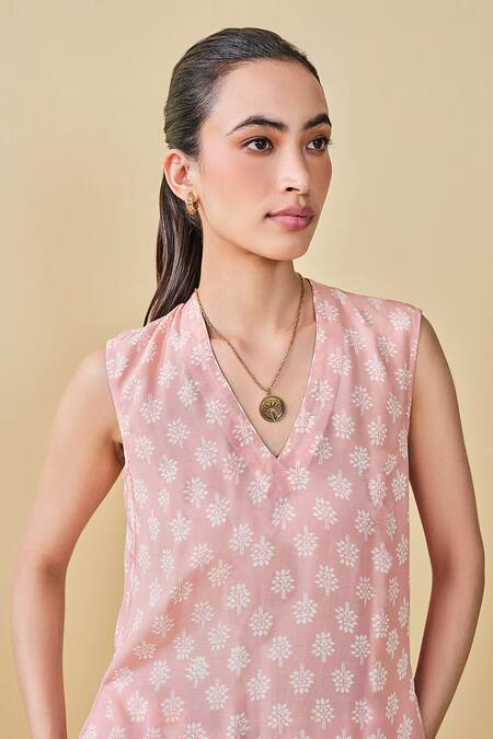 Shop_Grassroot By Anita Dongre_Peach Modal, Silk V-neck Sunshade Floral Hand Block Print Kurta And Pant Set