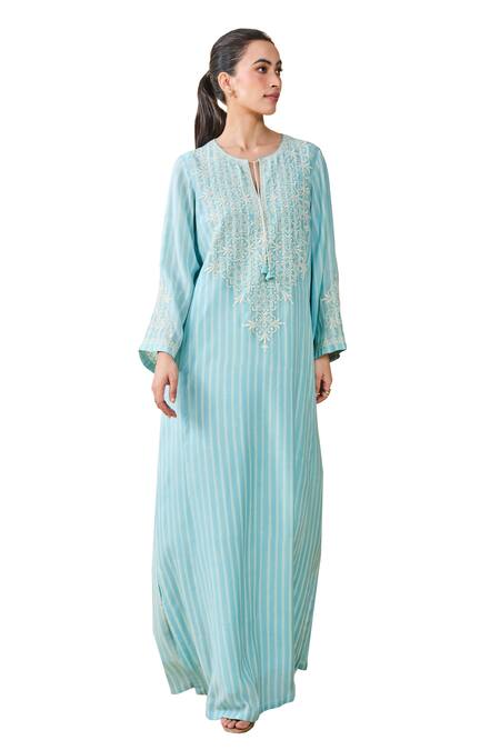 Grassroot By Anita Dongre_Blue Modal, Silk Tassels, Embroidery Berry Pluck Hand Block Printed Kaftan_Online_at_Aza_Fashions