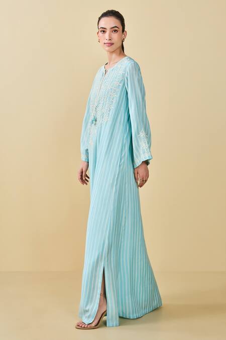 Buy_Grassroot By Anita Dongre_Blue Modal, Silk Tassels, Embroidery Berry Pluck Hand Block Printed Kaftan_Online_at_Aza_Fashions