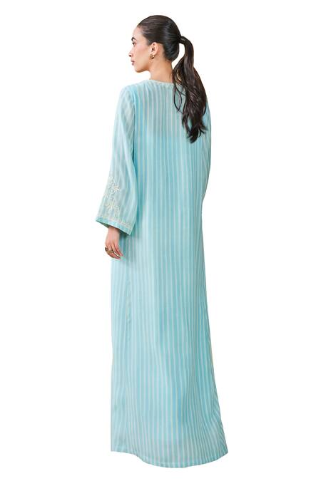 Shop_Grassroot By Anita Dongre_Blue Modal, Silk Tassels, Embroidery Berry Pluck Hand Block Printed Kaftan_Online_at_Aza_Fashions