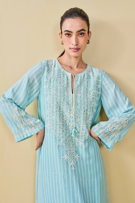 Grassroot By Anita Dongre_Blue Modal, Silk Tassels, Embroidery Berry Pluck Hand Block Printed Kaftan_at_Aza_Fashions