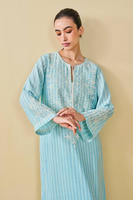 Buy_Grassroot By Anita Dongre_Blue Modal, Silk Tassels, Embroidery Berry Pluck Hand Block Printed Kaftan