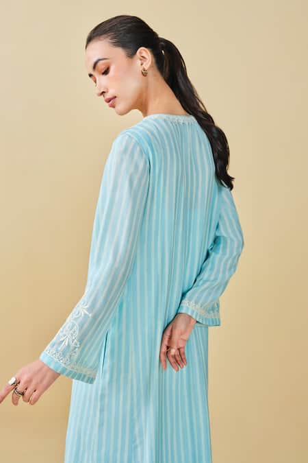 Shop_Grassroot By Anita Dongre_Blue Modal, Silk Tassels, Embroidery Berry Pluck Hand Block Printed Kaftan