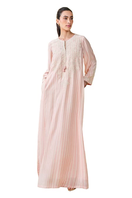Grassroot By Anita Dongre_Pink Modal, Silk Embroidery Keyhole Berry Pluck Stripe Hand Block Print Kaftan _Online_at_Aza_Fashions