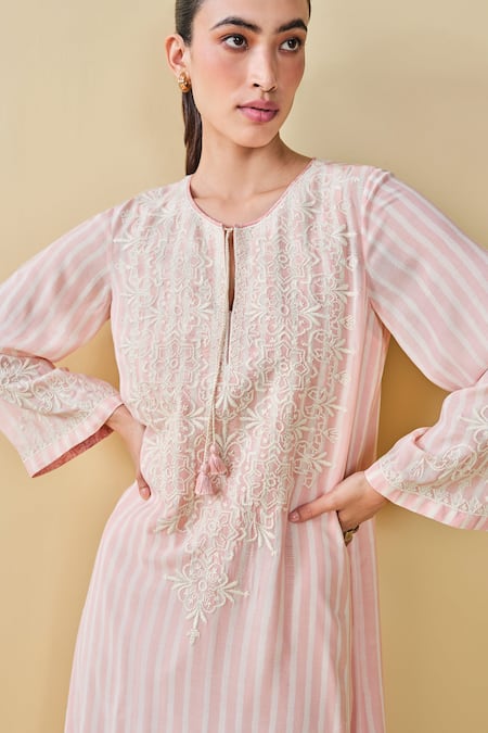 Grassroot By Anita Dongre_Pink Modal, Silk Embroidery Keyhole Berry Pluck Stripe Hand Block Print Kaftan _at_Aza_Fashions